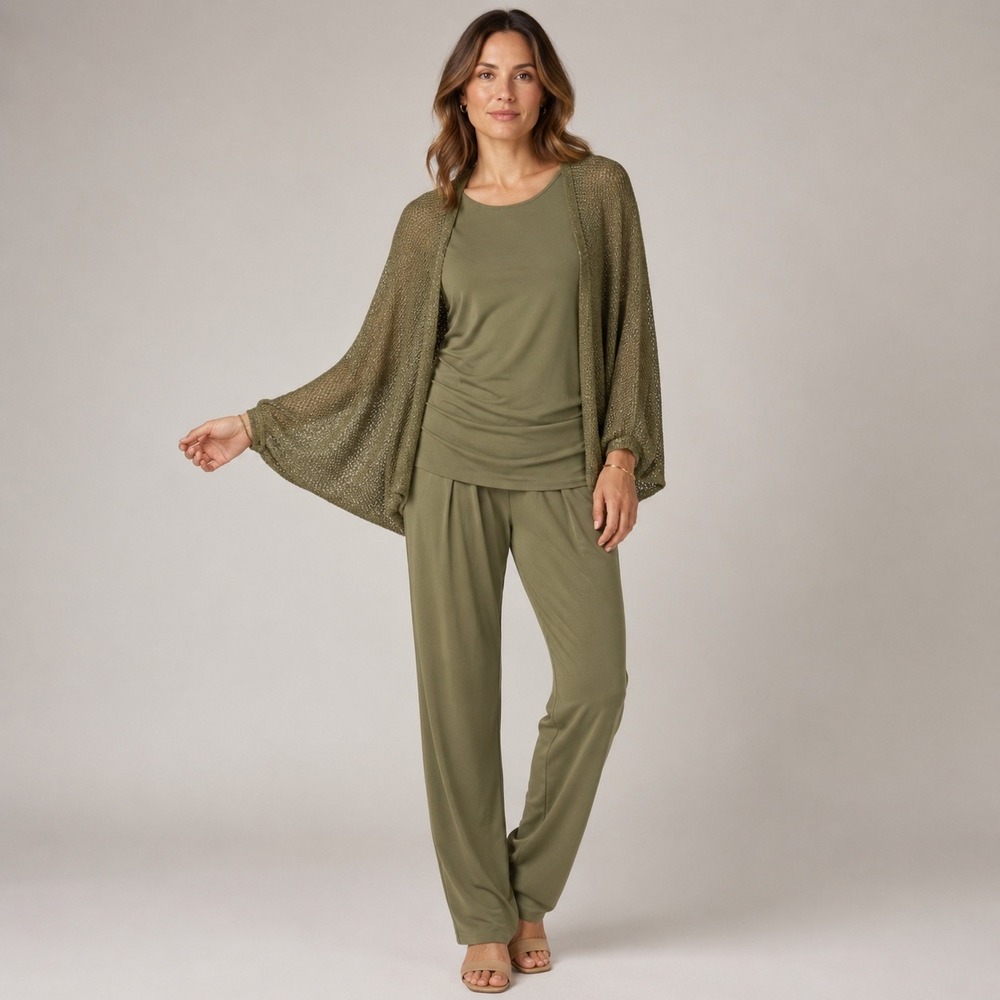MarlaWynne 3 Piece Olive Green Metallic Knit Cardigan Tunic Pants Set Size S